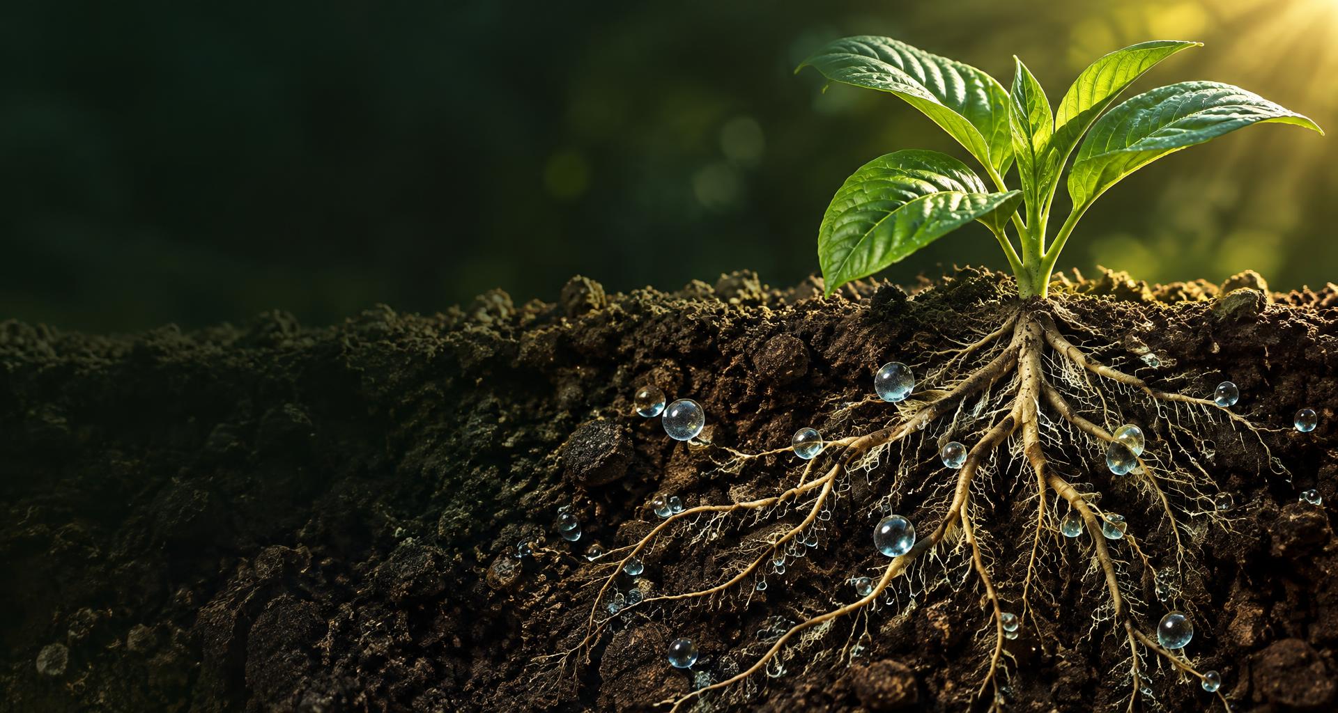 Illustrative soil cross-section with branching roots, round water droplets and a vigorous young plant.