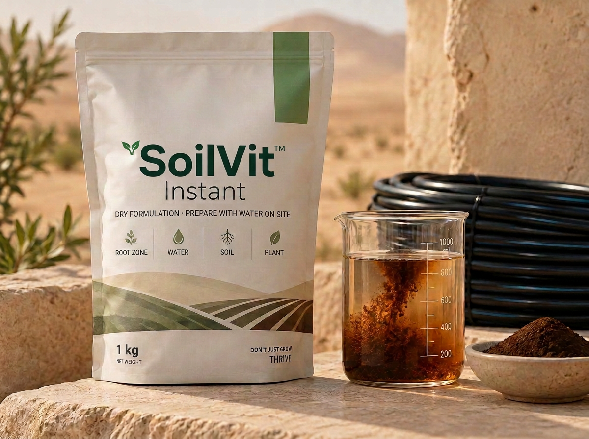 SoilVit Instant™ dry formulation prepared with water (illustrative render)